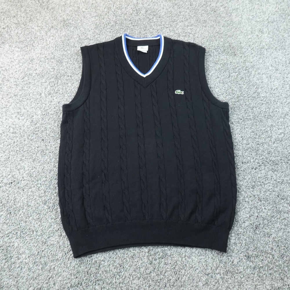 Lacoste Vest Mens XL 6 Black Cable Knit V Neck Tennis Sweater Golf Pullover Logo